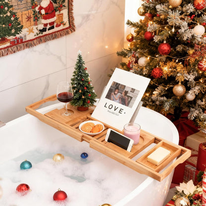 Bamboo Bathtub Caddy Tray Bath Tray for Tub, Adjustable Bathroom Bathtub Organizer with Book Tablet Wine Glass Cup Towel Holder
