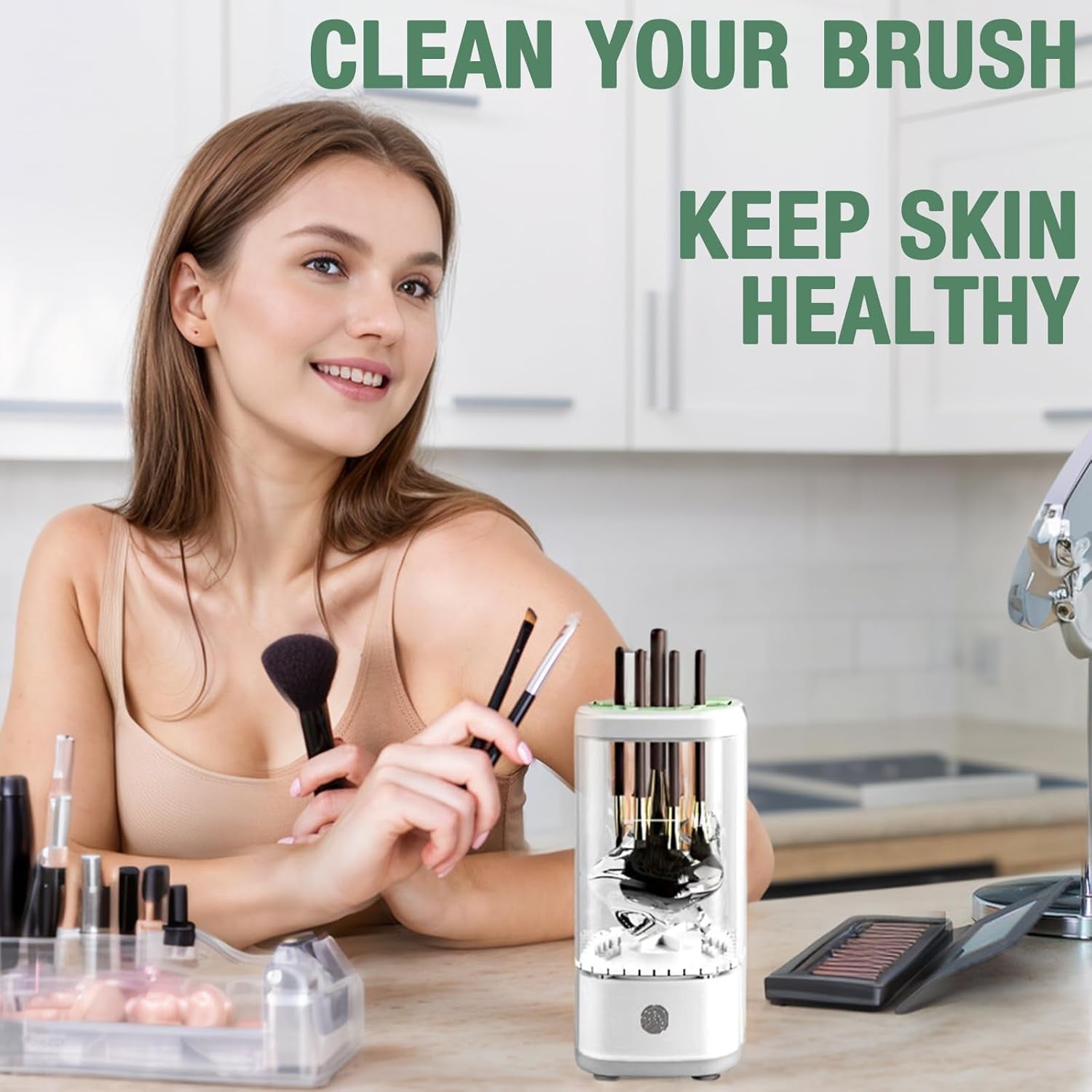 Electric Makeup Brush Cleaner Machine, Upgrade Cosmetic Brush Cleaner,Automatic Spinning USB Efficient Makeup Brush Cleaner Fit for All Size Makeup Brushes (White)